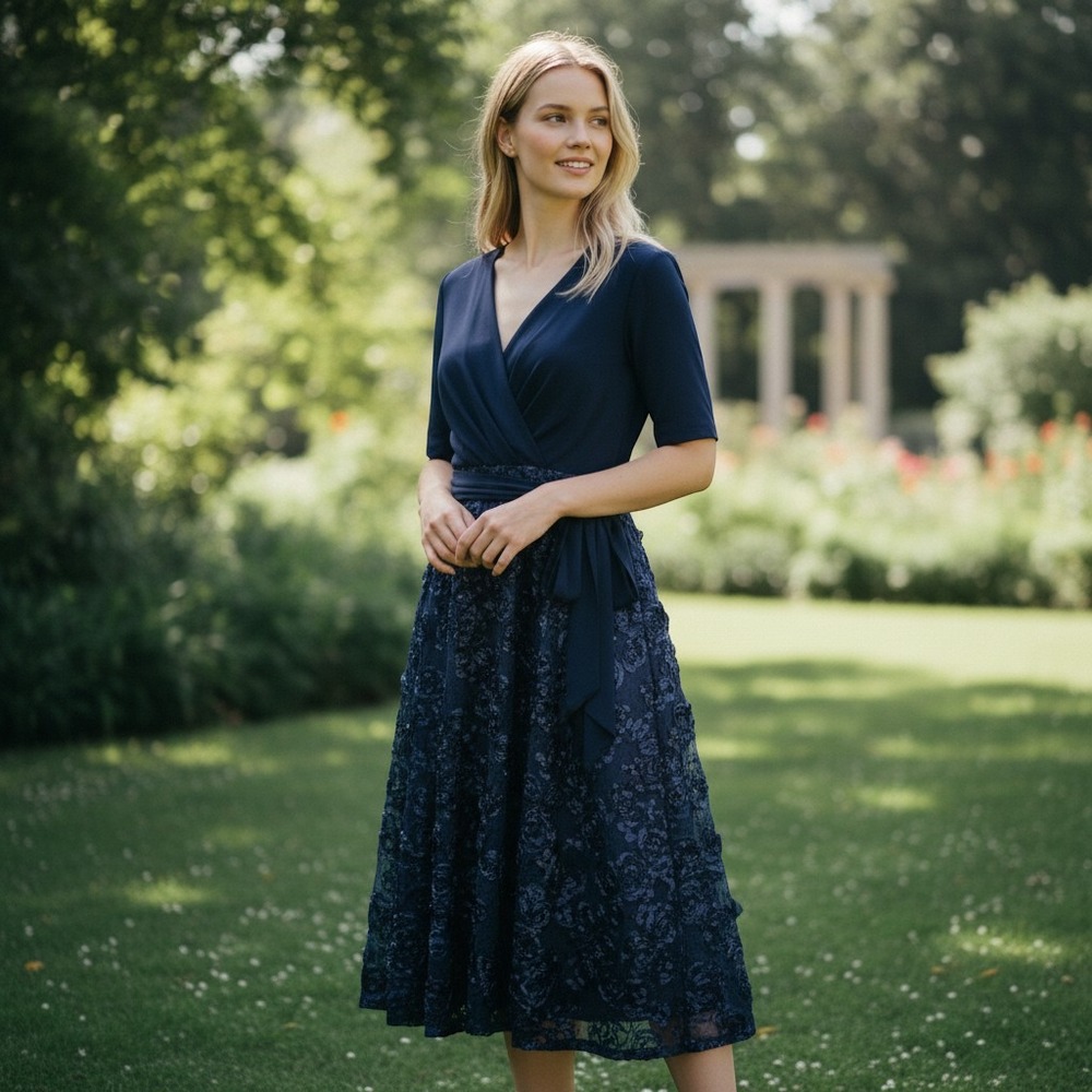 Alex Evenings Womens 12 Cocktail Dress Navy Blue Rosette Lace Sequin Surplice